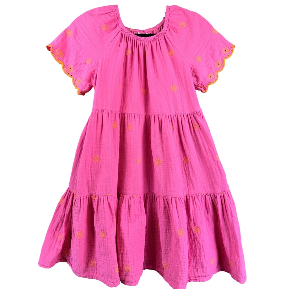 Cat & Jack Girls Pink Tiered Gauze Dress Floral Embroidery Size L 10/12 Boho